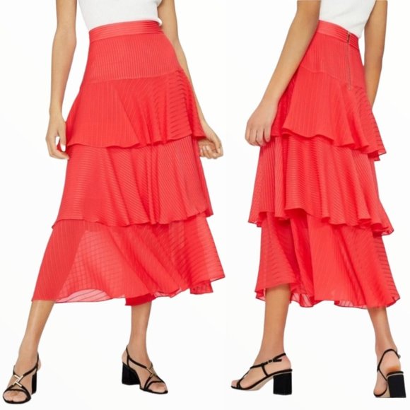 Ted Baker Tiered Midi Skirt Coral Red Stripe Enok